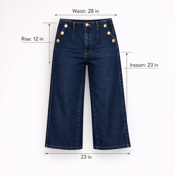 Zara High Waisted Sailor Wide Leg Cropped Jeans Gold Button Nautical Denim - Picture 2 of 16